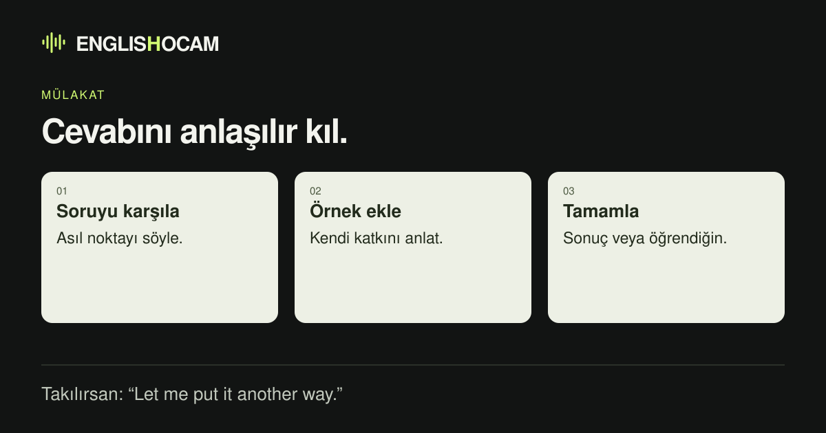 Mülakat cevabı kontrolü: soruya cevap ver, somut bir örnek ekle, sonuç veya öğrendiğinle bitir.